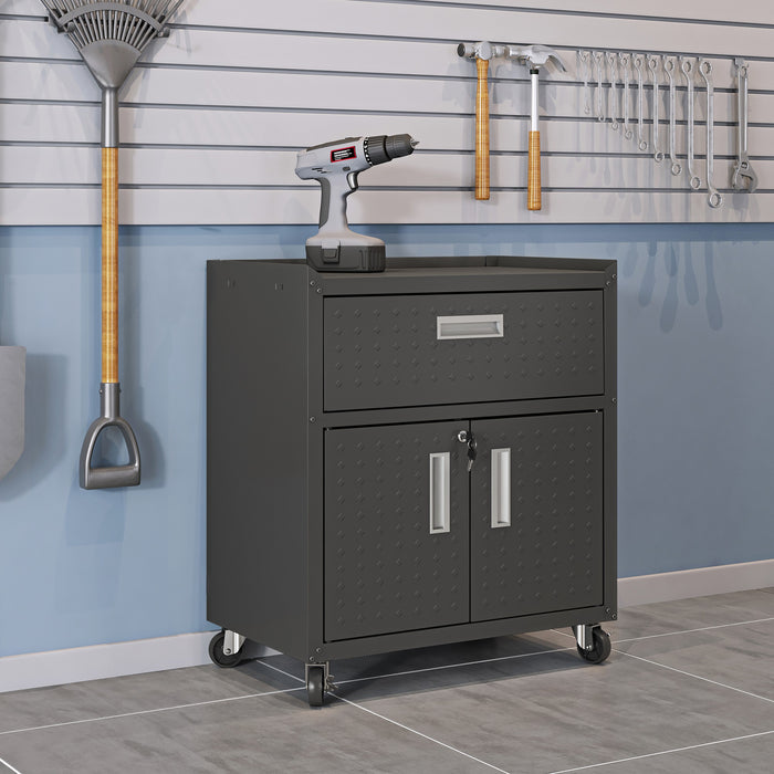 Manhattan Comfort Fortress Textured Metal 31.5\" Garage Mobile Cabinet with Drawer & 2 Adjustable Shelves - Charcoal Grey