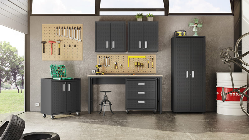 Manhattan Comfort Fortress Textured Metal 31.5\" Garage Mobile Cabinet with Drawer & 2 Adjustable Shelves - Charcoal Grey