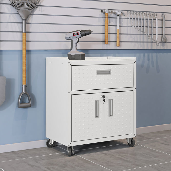 Manhattan Comfort Fortress Textured Metal 31.5\" Garage Mobile Cabinet with Drawer & 2 Adjustable Shelves - White