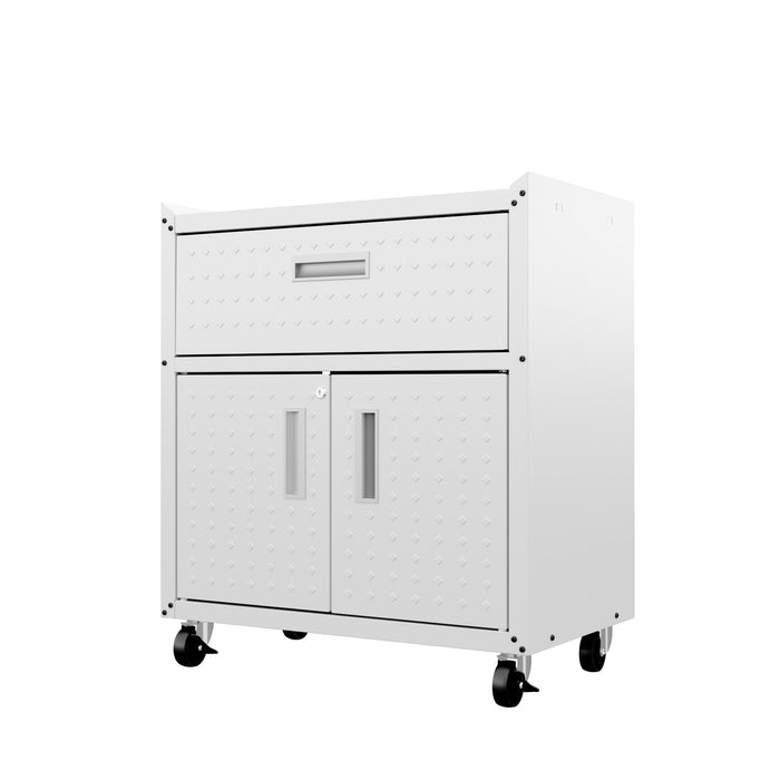Manhattan Comfort Fortress Textured Metal 31.5\" Garage Mobile Cabinet with Drawer & 2 Adjustable Shelves - White