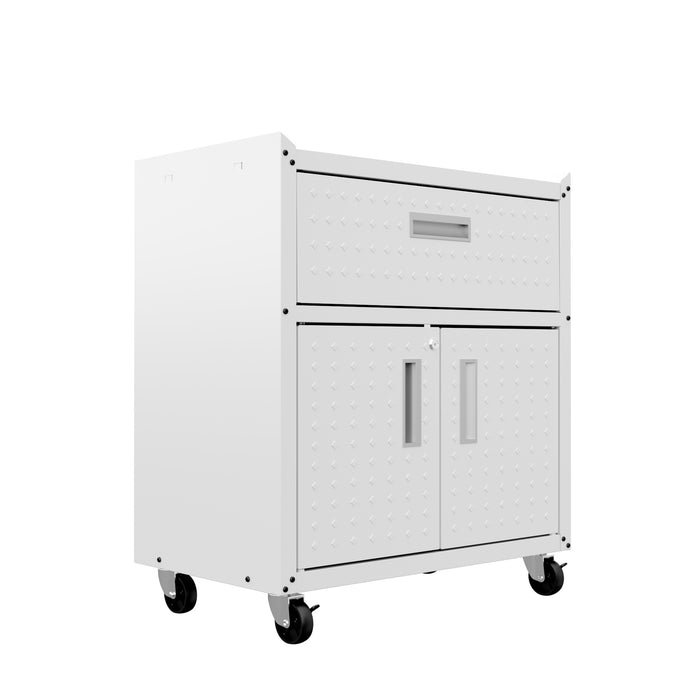 Manhattan Comfort Fortress Textured Metal 31.5\" Garage Mobile Cabinet with Drawer & 2 Adjustable Shelves - White
