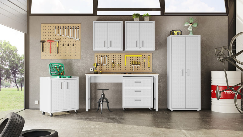 Manhattan Comfort Fortress Textured Metal 31.5\" Garage Mobile Cabinet with Drawer & 2 Adjustable Shelves - White