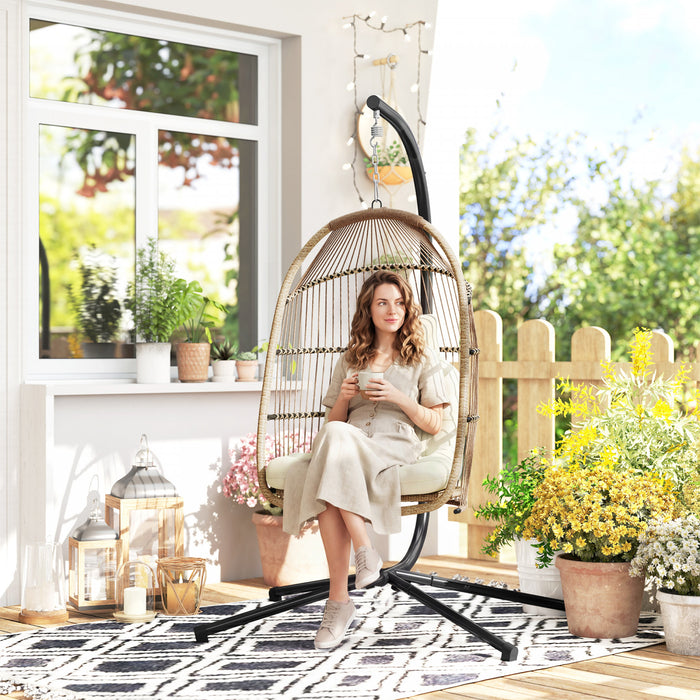 Outsunny Hanging Egg Chair with Stand, Foldable Hammock Chair, Beige