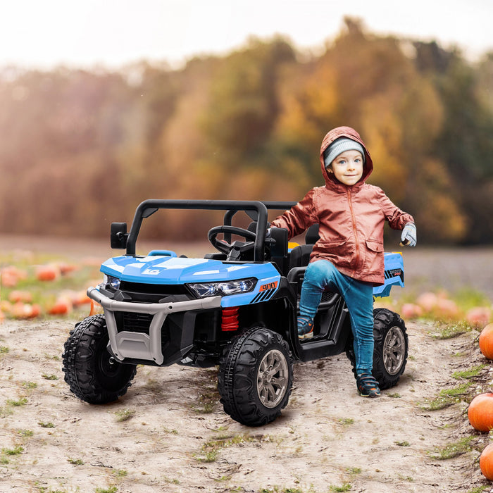 Aosom 2-seater Ride On Car, 12v 7ah Kids Utv, Ride On Dump Truck With Electric Dump Bed And Shovel, Remote Control, 4 Spring Suspension, Music, Lights, For Boys Girls, Blue