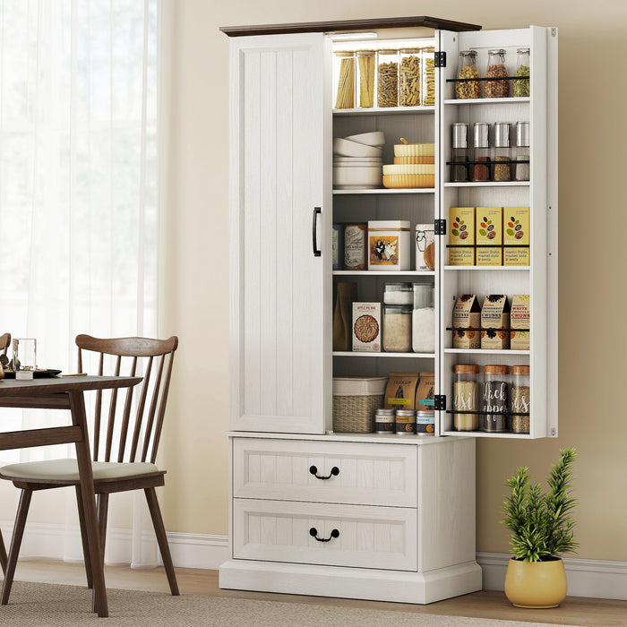 HOMCOM 72\" Kitchen Pantry Cabinet with LED Light and Door Shelves, White