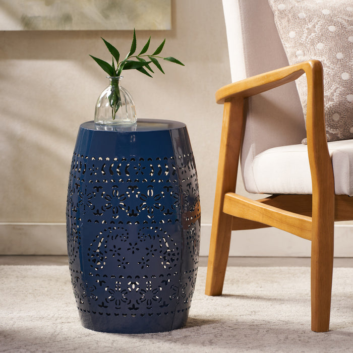 Phoenix Indoor 12\" Barrel Shape Iron Side Table With Lace-cut Design, Navy Blue