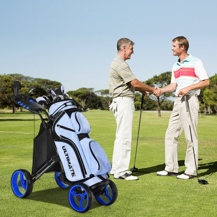 Goplus Folding 4 Wheels Golf Push Cart W/bag Scoreboard Adjustable Handle Blue