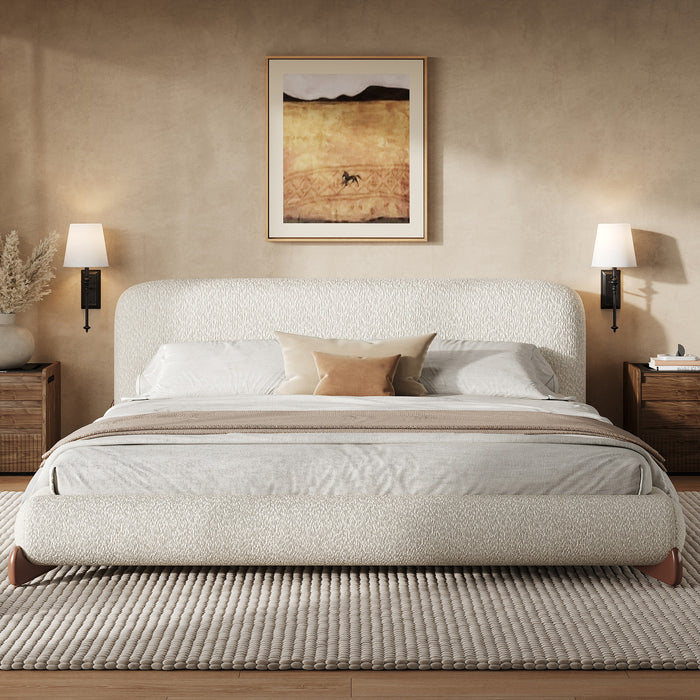 Harper Low Profile Boucle Upholstered Platform Bed Thick Curved Headboard,California King,Cream White King Bed