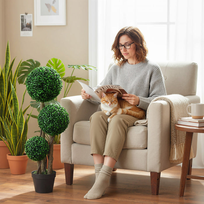 HOMCOM 35 Inch Artificial Boxwood Triple Ball Topiary Tree Set of 2, Green