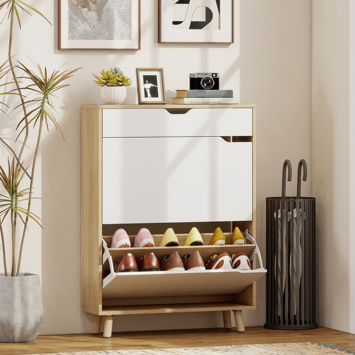 HOMCOM Narrow Shoe Cabinet Shoe Storage Cabinet with 2 Flip Drawers, White