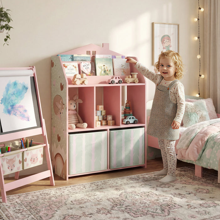 Qaba Kids Bookshelf with Toy Storage, Children's Bookcase with Book Display, Shelves and Fabric Drawers, Toy Organizer for Playroom and Nursery, Pink