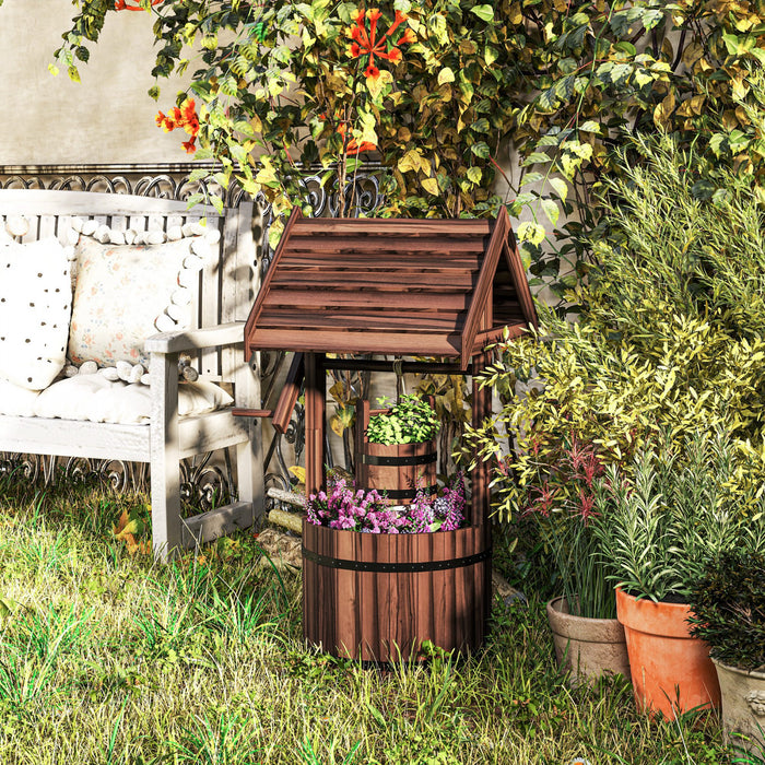 Outsunny Wishing Well Outdoor Wooden Planter with Hanging Bucket, Tan