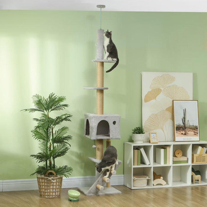 Pawhut Floor To Ceiling Cat Tree For Large Cats Adult, Cat Tower Adjustable Height 89\"-104\" W/ Scratching Post, Cat House, 3-steps, Hanging Ball, Perches, Anti-tip Kit, Light Grey