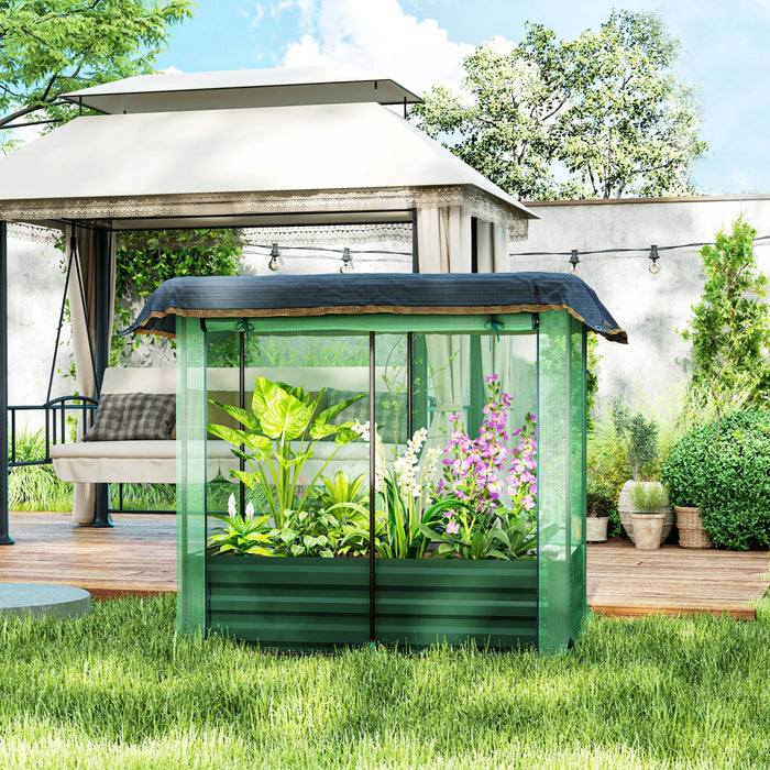 Outsunny Galvanized Raised Garden Bed With Crop Cage And Shade Cloth Green