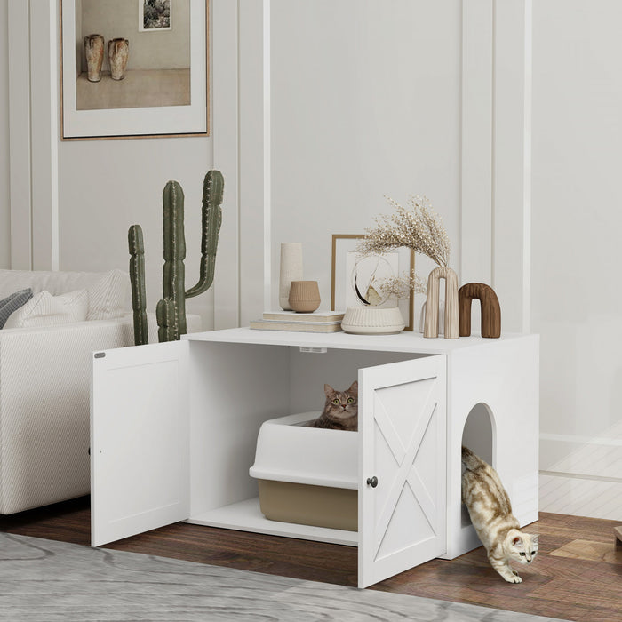 Pawhut Cat Litter Box Enclosure, Hidden Washroom Furniture With Doors, Cat Hole, Handles, Indoor Pet House Side End Table Fit Most Of Cat And Litter Box, 31.5\" X 21\" X 20\", White