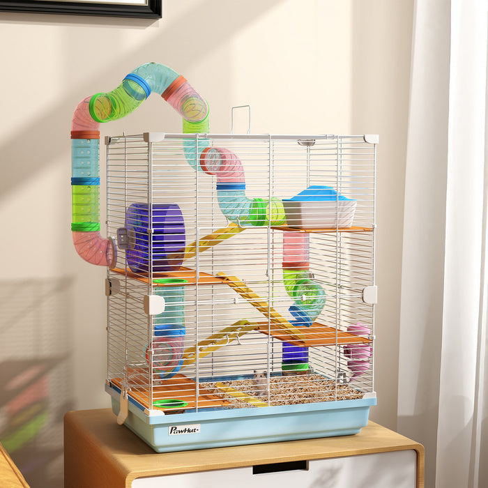 Pawhut 5 Tiers Hamster Cage Portable Animal Travel Carrier Habitat With Exercise Wheels Play Tube Water Bottle Dishes House Ladder For Gerbils, Light Blue