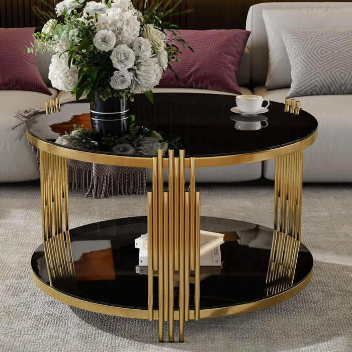 Nancy 31.5\" Round Mirror Coffee Table With Lower Shelf, Black