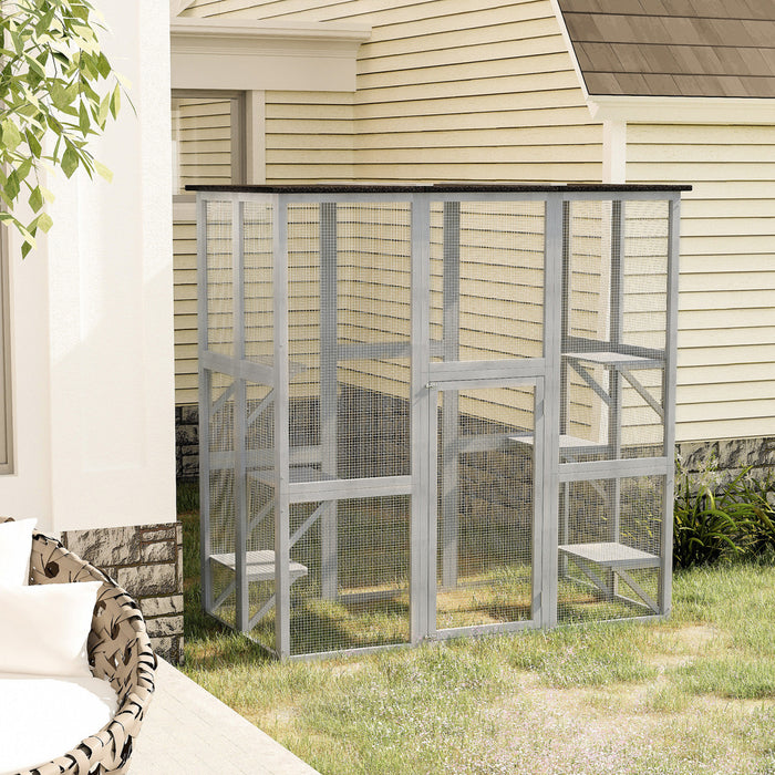 Pawhut Large Outdoor Catio Enclosure, Weatherproof Cat House With Asphalt Roof, Wooden Cat Patio Cage With 6 Balanced Platforms, 71\" X 39\" X 71\", Grey
