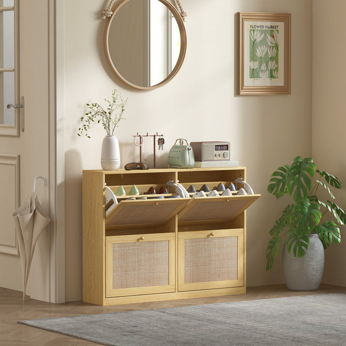 HOMCOM Narrow Shoe Cabinet with 4 Flip Drawers for Entryway Hallway Oak