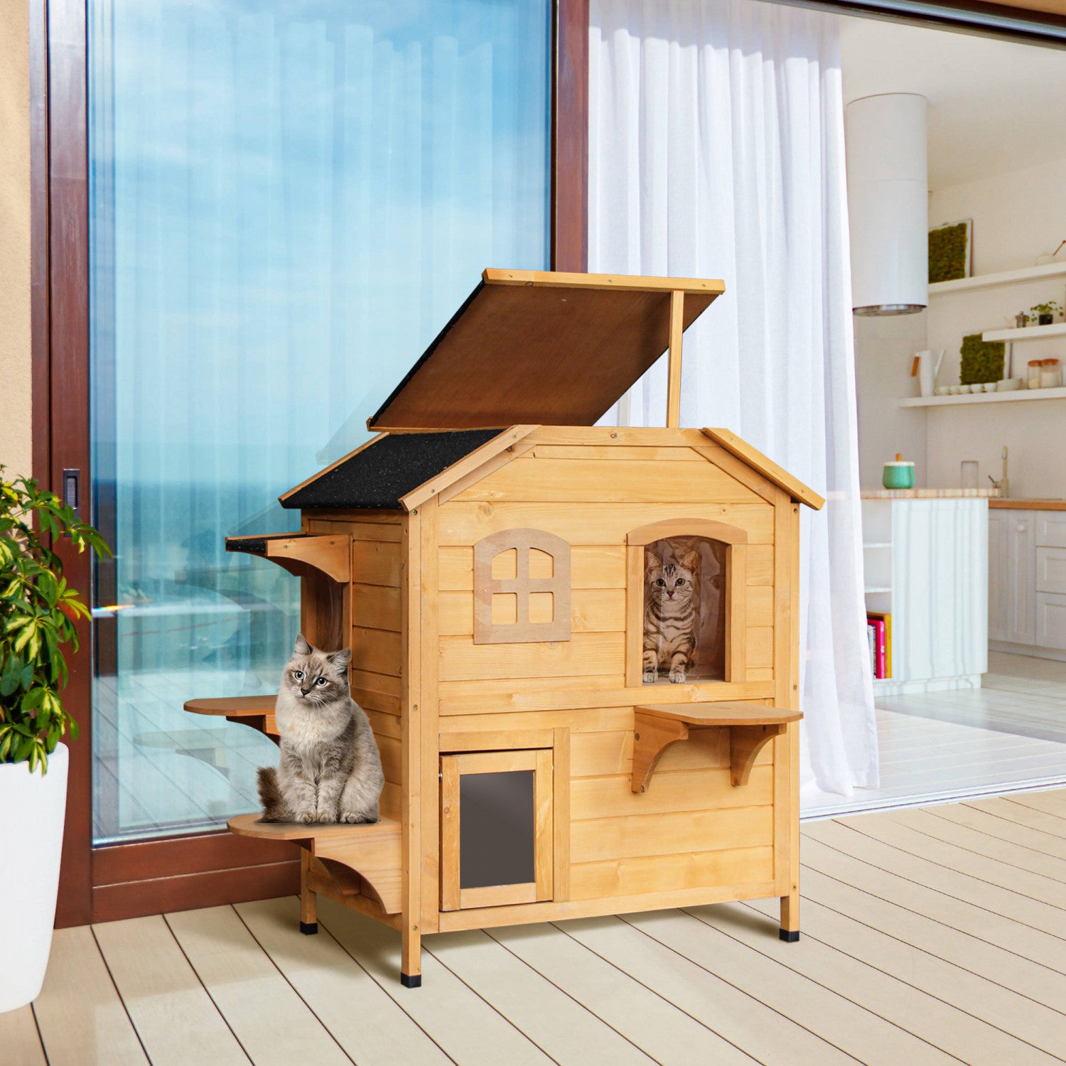 Pawhut Wood Outdoor Cat House 2-stories Catio For Cats With Indoor ...