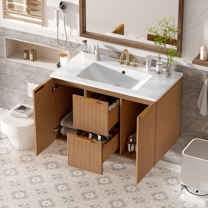 Aiden 36-Inch Wall-Mounted Bathroom Vanity with Soft-Close Storage and Ceramic Sink,Wood
