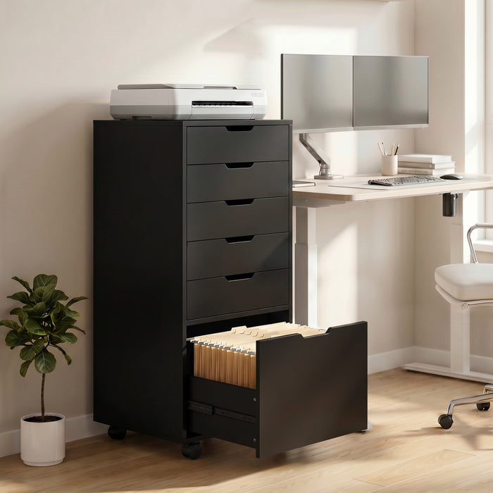 HOMCOM 6 Drawer Vertical File Cabinet with Lockable Wheels, Black