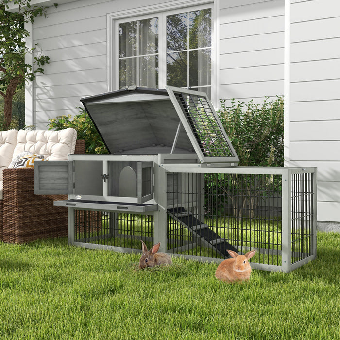 Pawhut Solid Wood Rabbit Hutch Bunny Cage Pet Guinea Pig House Outdoor Small Animal Habitat W/ Ramp, Weather-resistant Asphalt Openable Roof, Pull-out Tray, Light Grey