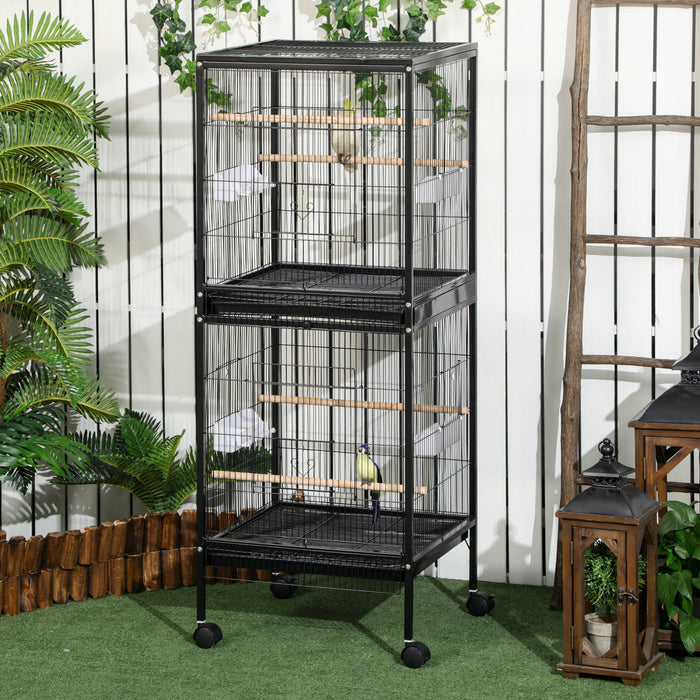 Pawhut 55.1\" 2 In 1 Bird Cage Aviary Parakeet House For Finches, Budgies With Wheels, Slide-out Trays, Wood Perch, Food Containers, Black
