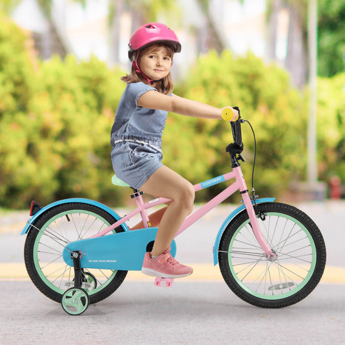 Costway 18\" Kids Bike With Adjustable Saddle Handlebar Removable Training Wheels Handbrake Pink