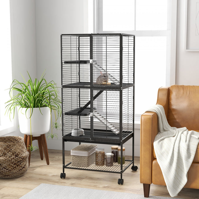 Pawhut Small Animal Cage With Wheels, Pet Playpen For Rat, Kitten, Ferrets, Chinchillas With Bottom Storage Shelf, Removable Tray, Ramp, 24.2\" X 17.9\" X 53.5\", Dark Grey