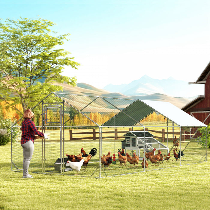 Pawhut Chicken Run, Large Metal Chicken Coop With Feeding Door, Waterproof & Uv-resistant Cover, Hanging Feeder, Perch, Poultry Cage For Outdoor, Backyard, Farm, For 18-24 Poultry