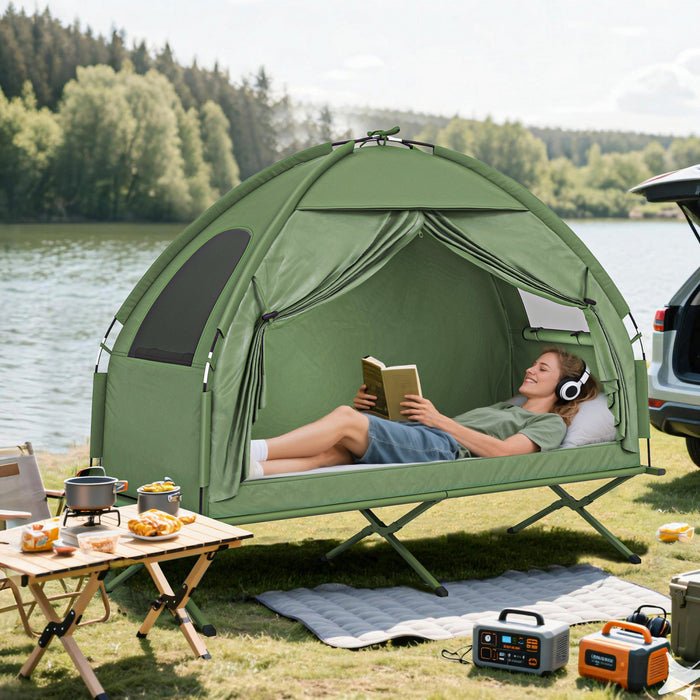 Outsunny Camping Cot Tent Portable Folding Outdoor Elevated Combo, Green