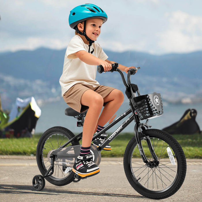 Costway 18\" Kid's Bike With Training Wheels Adjustable Handlebar & Seat Handbrake Black