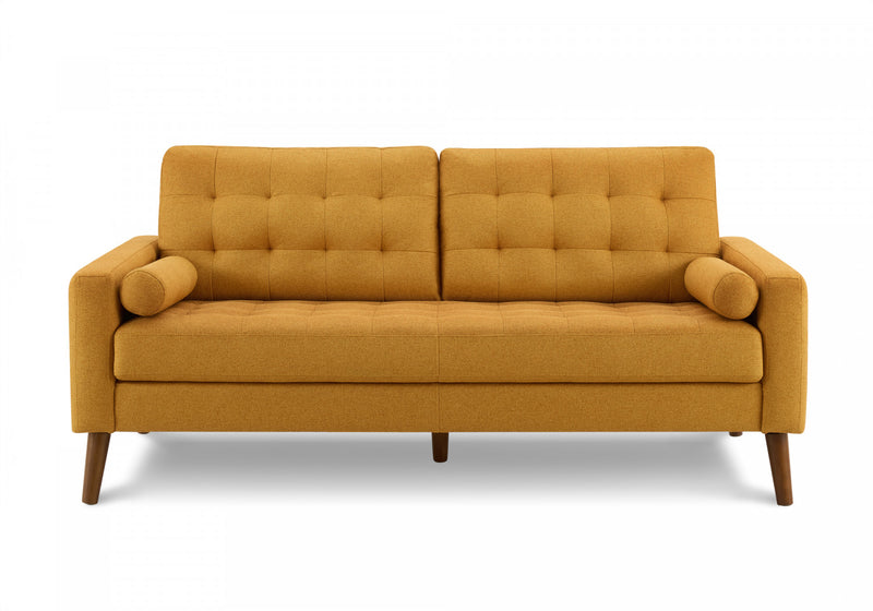 Upholstered Sofa, 75\"L, Decorative Pillows, Solid Wood Legs, Orange Fabric, Mid-Century Sofa