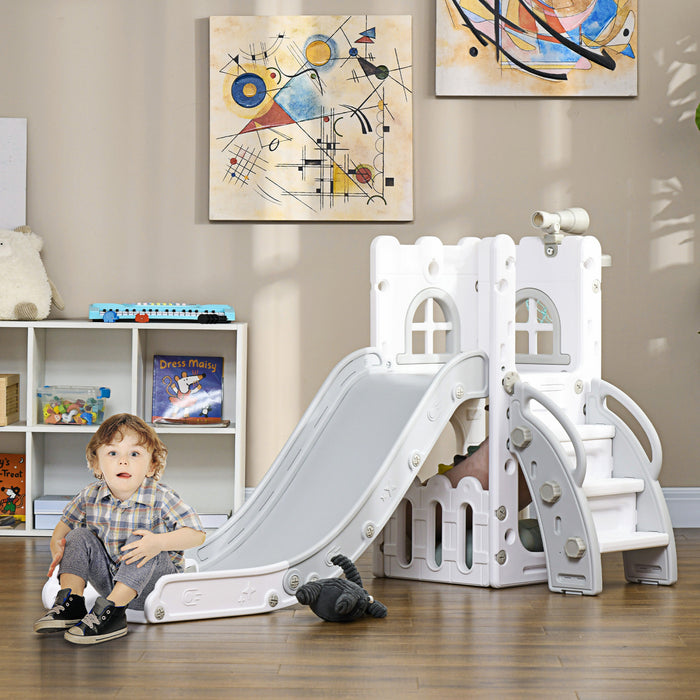 Qaba Toddler Slide, 4 In 1 Slide For Kids Aged 1-3 Years With Basketball Hoop, Climber, Telescope, Storage Basket, For Indoor Use, Grey