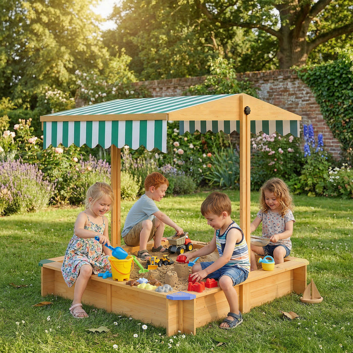 Outsunny Wooden Sandbox with Cover, Kids Sandbox Outdoor with Adjustable Canopy, Seats, and Bottom Liner for Backyard, Beach, 47\" x 47\" x 47\", Gift for Ages 3-6, Light Brown