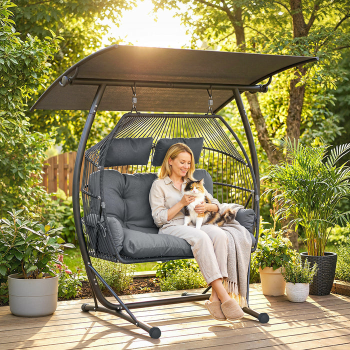 Outsunny Hanging Double Egg Chair with Canopy, Egg Swing Chair, Dark Grey