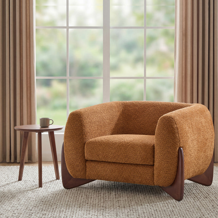 Tuxor Modern Upholstered Boucle Arm Chair with Tuxedo Design, Caramel, Walnut
