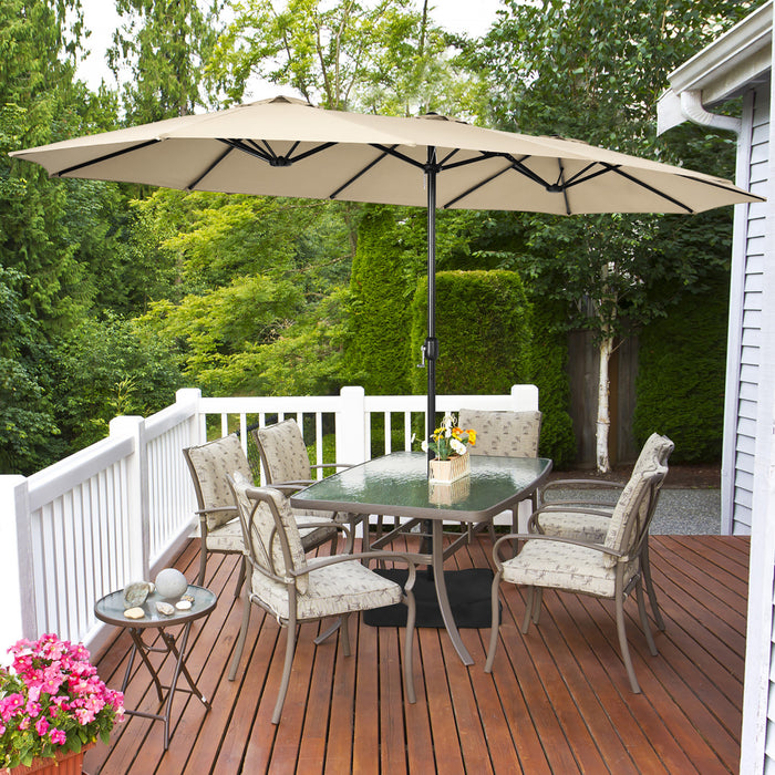 Costway 15FT Double-Sided Twin Patio Umbrella Outdoor Market W/ Crank & Base Beige