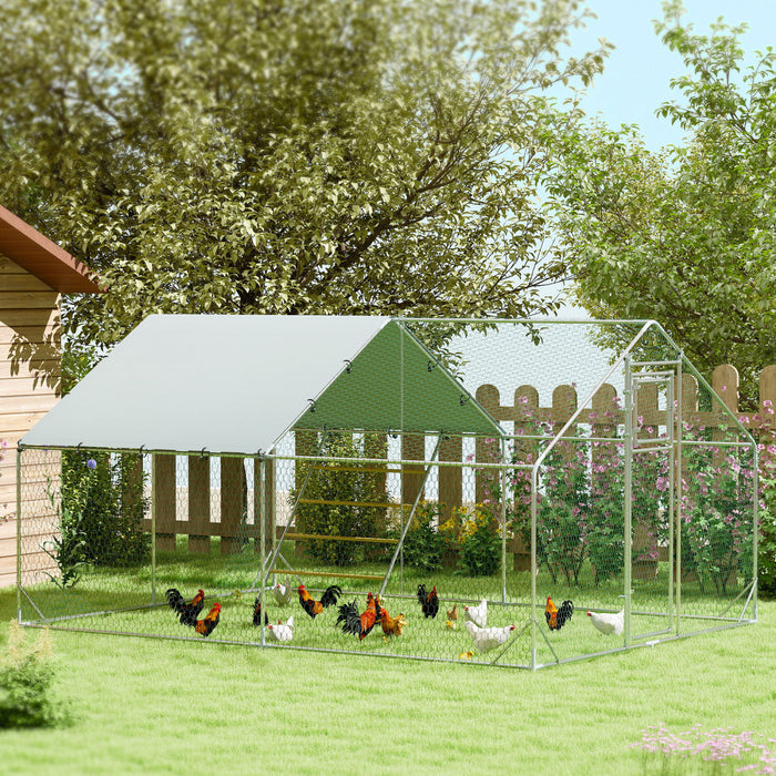 Pawhut Chicken Run, Large Metal Chicken Coop With Feeding Door, Waterproof & Uv-resistant Cover, Hanging Feeder, Perch, Poultry Cage For Outdoor, Backyard, Farm, For 12-18 Poultry