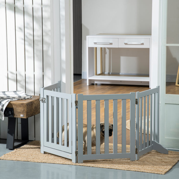 Pawhut Foldable Dog Gate With Door, 4 Panels Freestanding Pet Gate With Support Feet Indoor Playpen For Small Dogs And Below, Grey