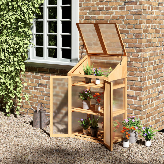 Outsunny Wooden Cold Frame Greenhouse, Raised Planter Bed Protection With Openable Top And 3 Shelves For Outdoor Indoor, 27.5\" X 19.75\" X 47.25\", Brown