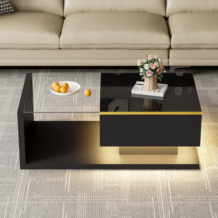 Ethan High-Gloss 35.4\" Long Coffee Table with Glass and LED Effect,Black