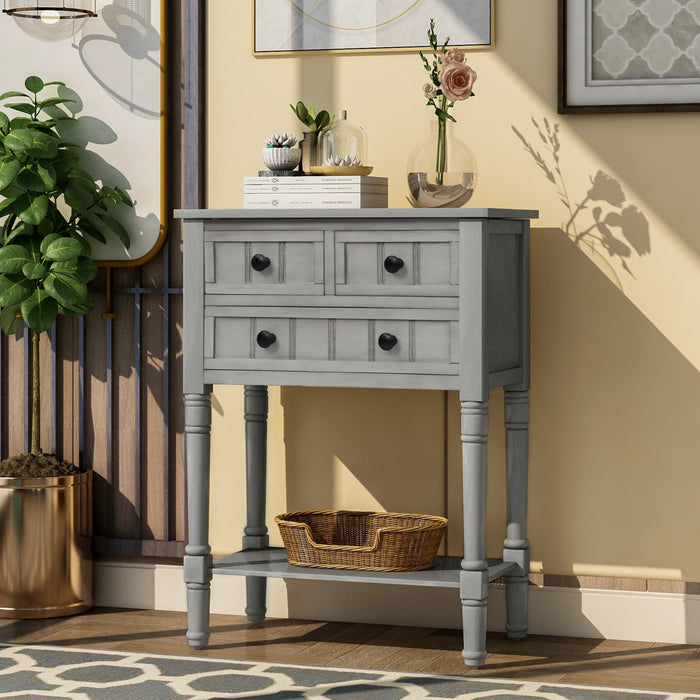 Olivia Solid Wood Console Table With Drawers And Bottom Shelf - Grey