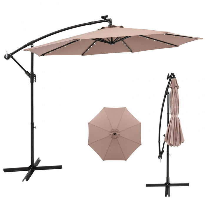 Costway 10 Ft Patio Solar LED Offset Umbrella 40 Lights Crank Cross Base Tan