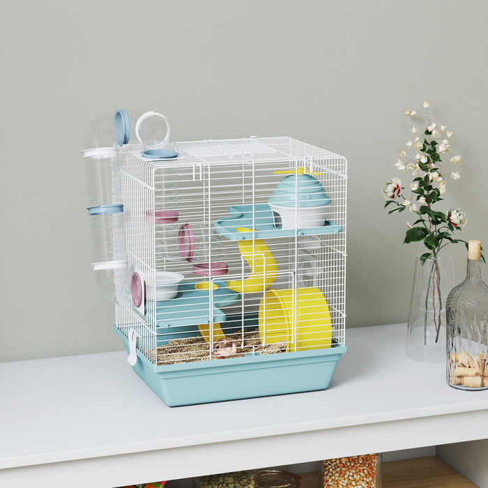 PawHut Hamster Cage, 3-Level Small Animal House with Excerise Wheel, Food Bowl, Water Bottle, House, Tunnels, Ramps, Gerbil Cage for Dwarf Hamster, 14\" x 11\" x 16\", Blue