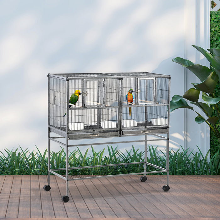 Pawhut 40 Inch Large Double Rolling Metal Bird Cage Bird House With Removable Metal Tray, Storage Shelf, Wood Perch, Food Container