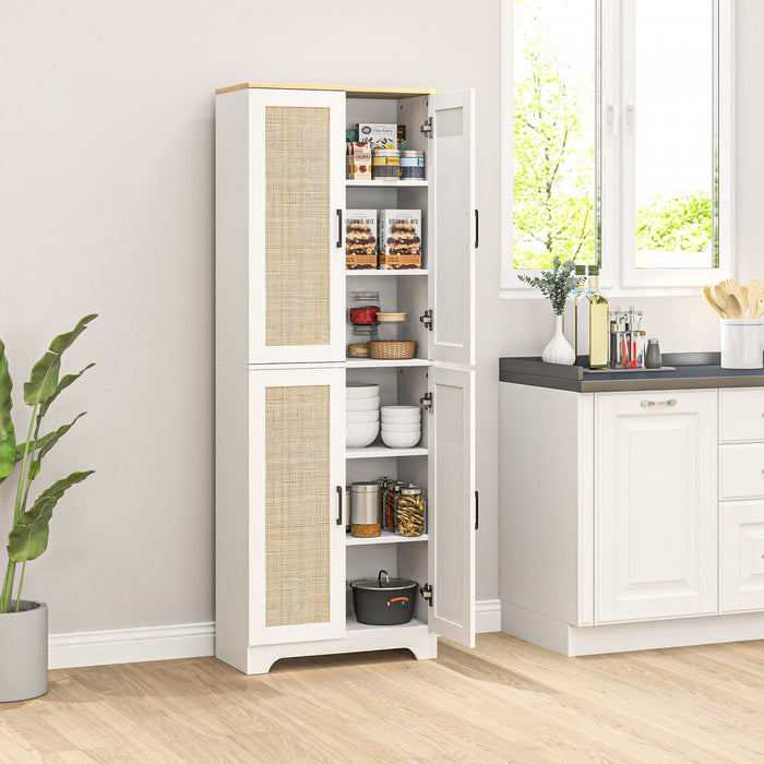 HOMCOM Kitchen Pantry with 4 Rattan Doors and Adjustable Shelves, White