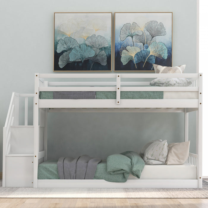 Joanna Twin Floor Solid Wood Bunk Bed With Storage Ladder, Low Height Design, White
