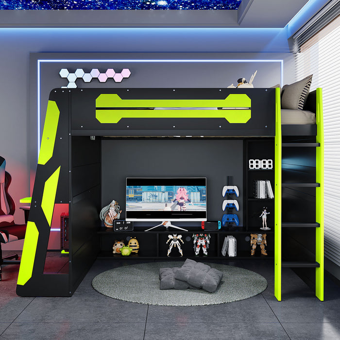Olivia Wood Loft Bed with Desk and Multi-storage Shelves,RGB Light,Green Full Bed